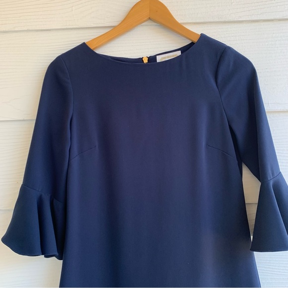 Sail to Sable Navy Blue Shift Dress size 2 M flared 3/4 Sleeves Zipper Ruffled - Picture 2 of 11